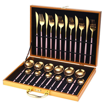 24pcs Gold Dinnerware Set Stainless Steel Tableware Set Knife Fork Spoon Luxury Cutlery Set Gift Box