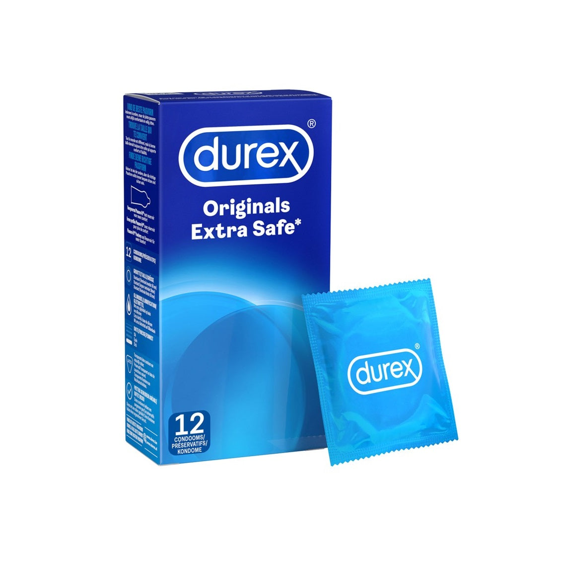 Prezervative clasice Durex Originals Extra Safe, lubrifiate si rezistente, 56 mm, 1 cutie x 12 buc