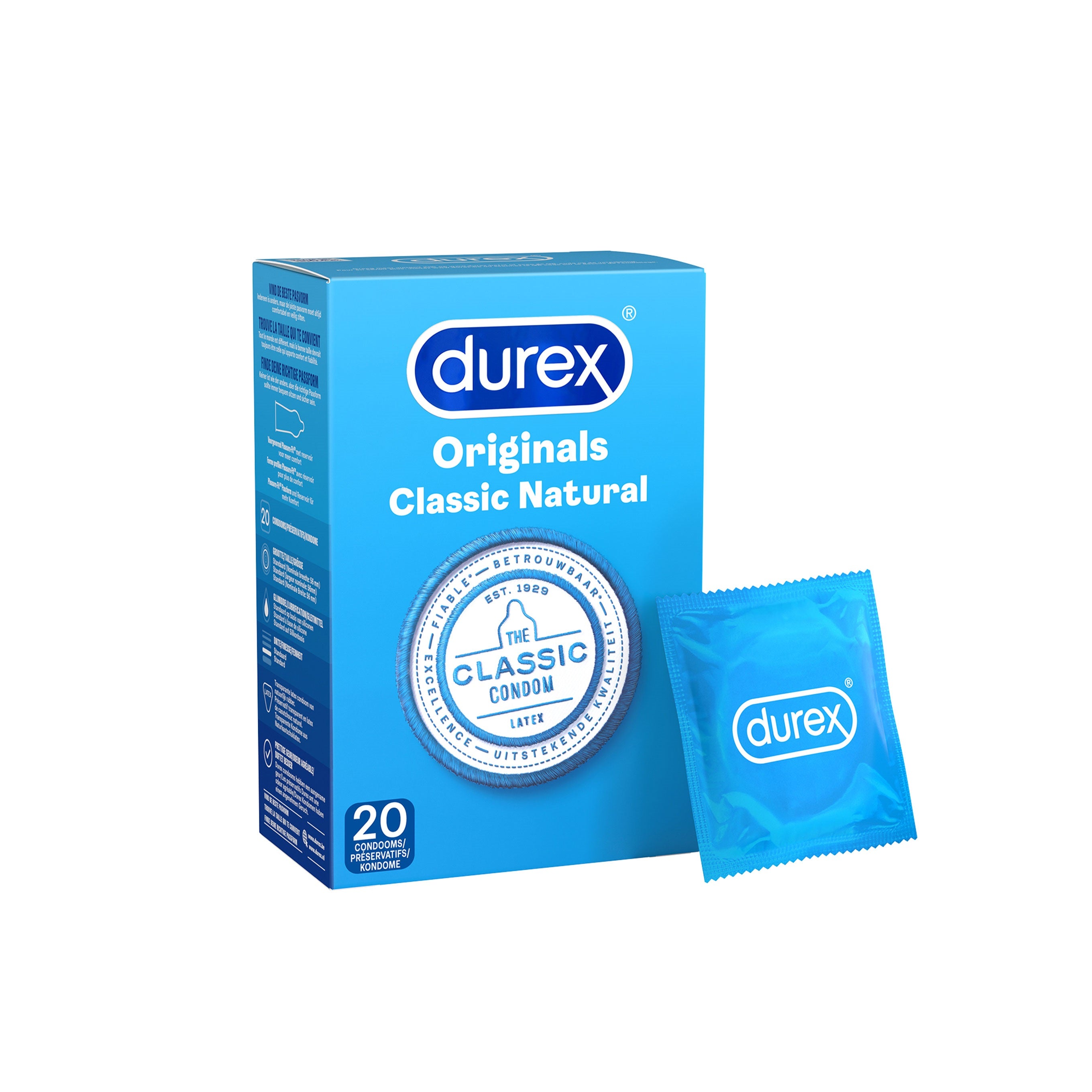 Prezervative clasice Durex Originals Classic Natural, lubrifiate si rezistente, 56 mm,1 cutie x 20 buc