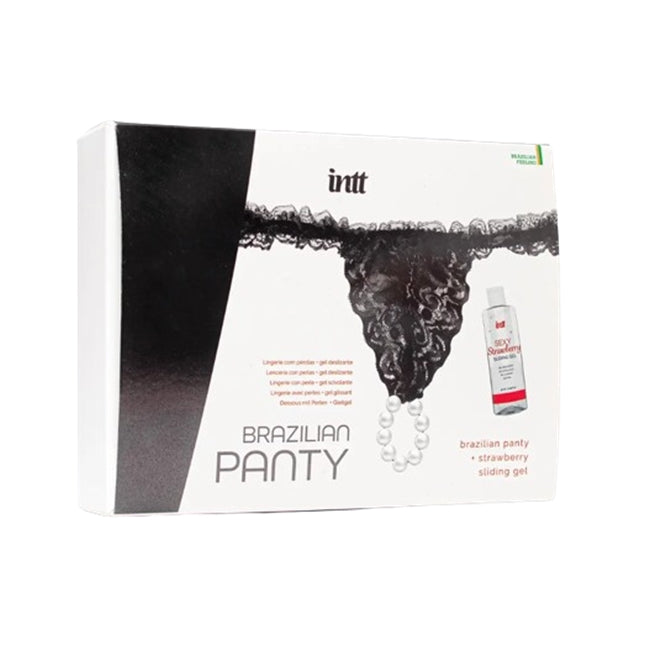 Brazilian Panty Black cu inel de Perle stimulatoare și Lubrifiant cu aromă de căpșuni 50ml