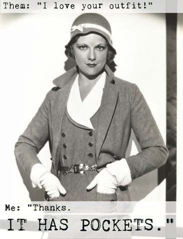 image of 30's fashionably dressed woman with pockets 