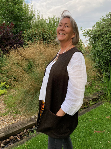 Marian Boswall wearing our tweed working women's gilet