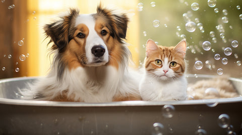 A cat and a dog in a bubble bath