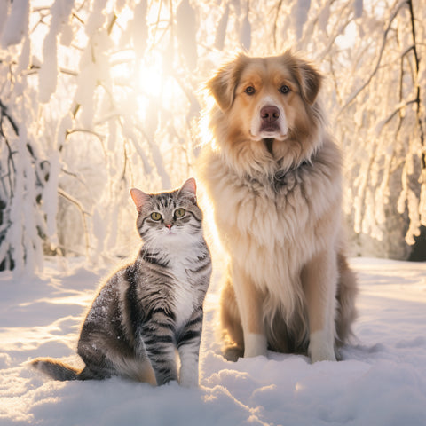 A cat and a dog sitting together in the snow