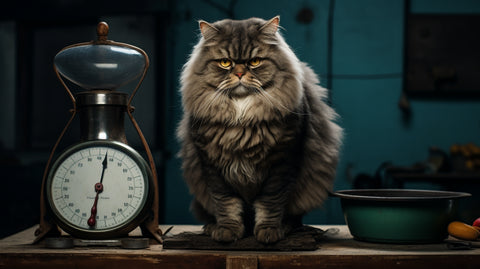 a cat standing next to some weighing scales