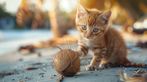 a cute cat eating coconut