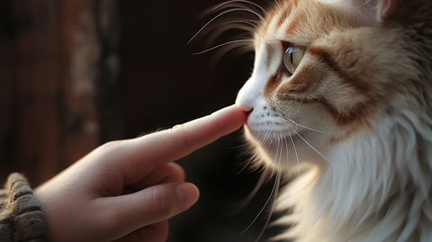 a person touching their cat's nose with their finger