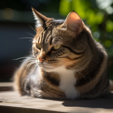 A cat sitting in the summer sunshine looking to the left