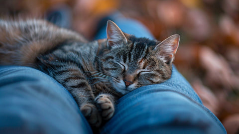 a photograph of a cat soundly asleep between its owner's legs