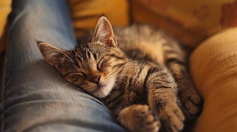 a cat soundly asleep between its owner's legs