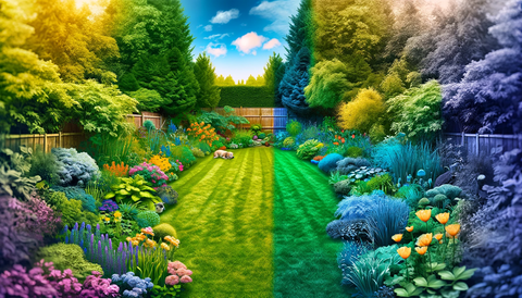 a split image of a garden with one side representing how humans see the world (e.g. full spectrum, vivid colours) and the other showing how a dog sees the world (muted yellow and blue pallette, slightly blurry)