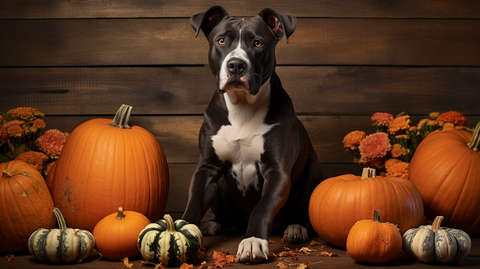 A dog sat amongst some pumpkins