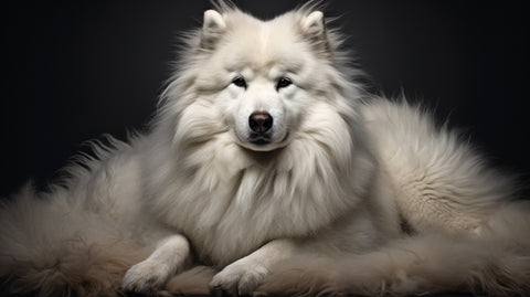 a white dog with beautiful fur sitting on a furry white blanket
