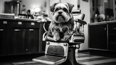 a dog sitting in a barbers chair