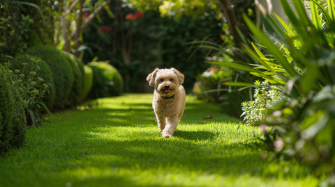 a dog that is about to have a wee on a lush lawn