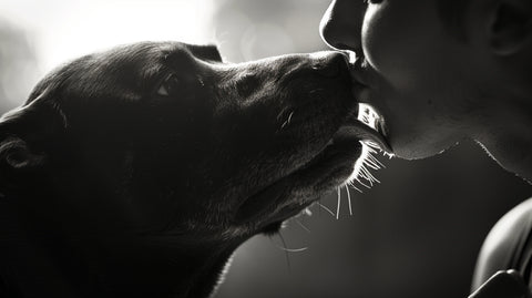 a dog with its tongue out licking its owner