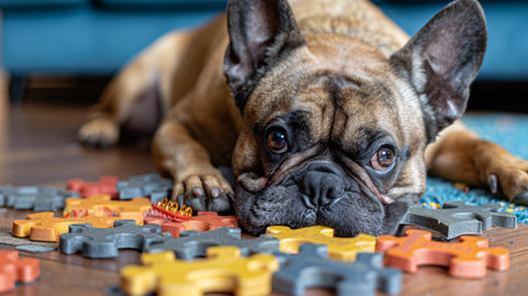 a dog playing with a puzzle toy