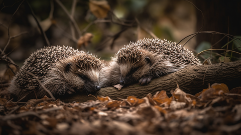 Two hedgehogs sitting next to each other in the autumn leaves