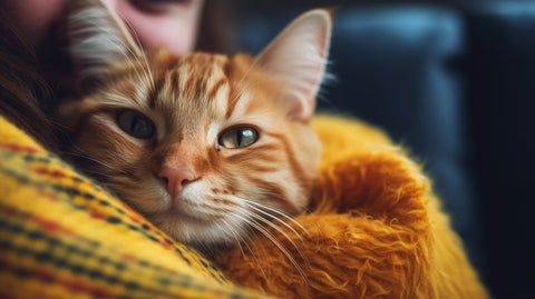 a cat cuddling with its owner on a cosy sofa