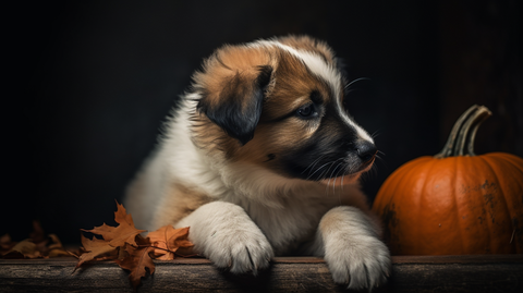 A puppy lying next to a pumpkin and autumn leaves