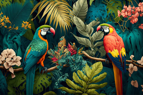 An illustration of two parrots in a tropical rainforest