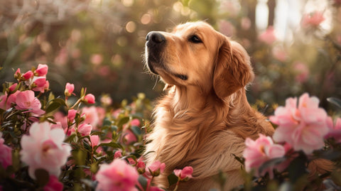a dog by a bush in a beautiful garden