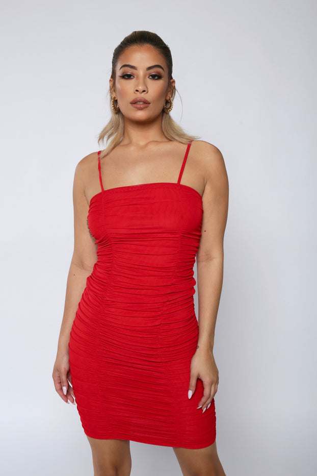 red mesh ruched dress