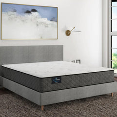 madison plush mattress on a gray platform bed