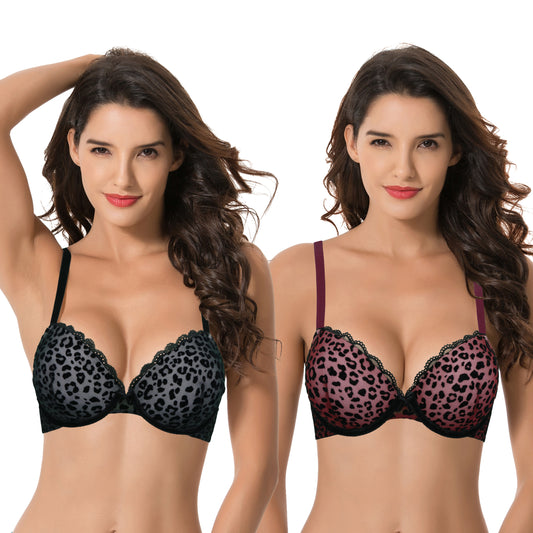 Curve Muse Women's Plus Size Perfect Shape Add 1 Cup Push Up Underwire Bras-2PK-WHITE/PRINT  BLACK,WHITE