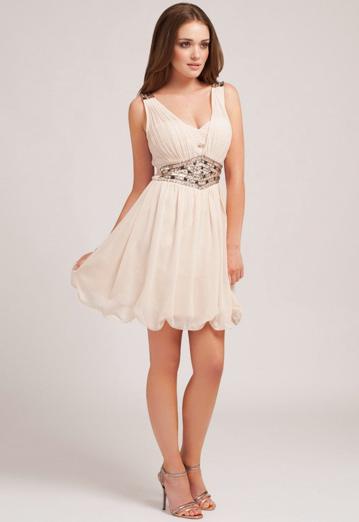 Little Mistress Cream Embellished Prom Dress - Short Dresses – Glitzy Angel