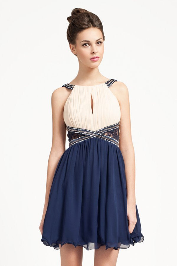 Little Mistress Cream and Navy Embellished Straps Lace Panel Dress ...