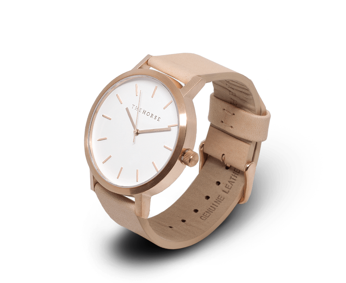 Watch in Brushed Rose Gold, White & Veg Tan Leather