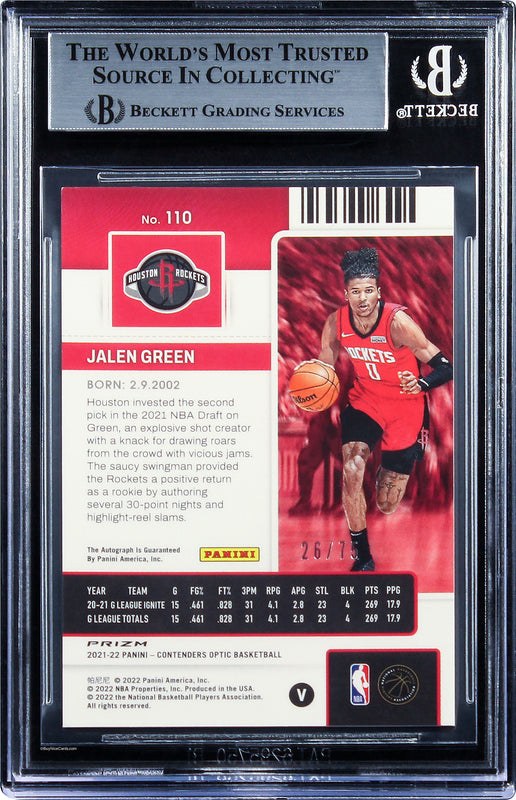 2021-22 Jalen Green Panini Contenders Optic Red Rc Rookie Auto /75