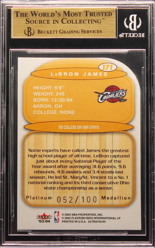 2003-04 Lebron James Fleer Ultra Platinum Medallion RC With Serial