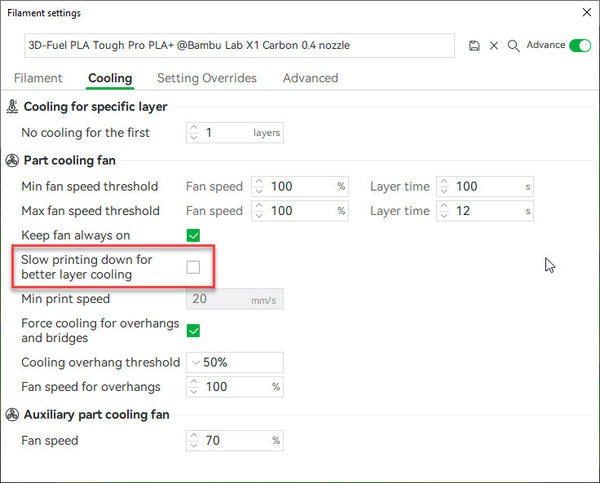 slow down print speeds for cooling