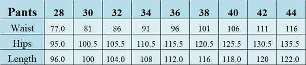 Size chart of men's suit pants