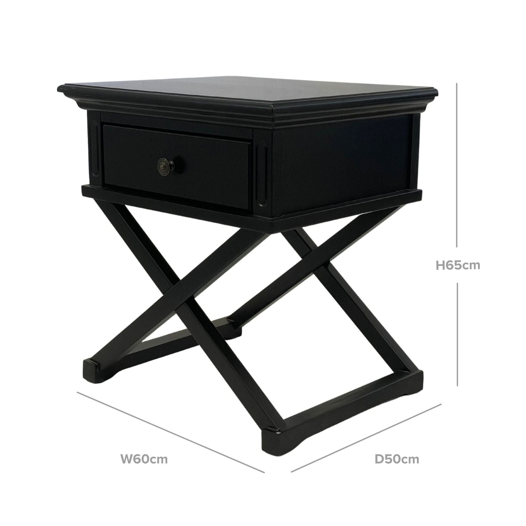 black cross legged bedside table