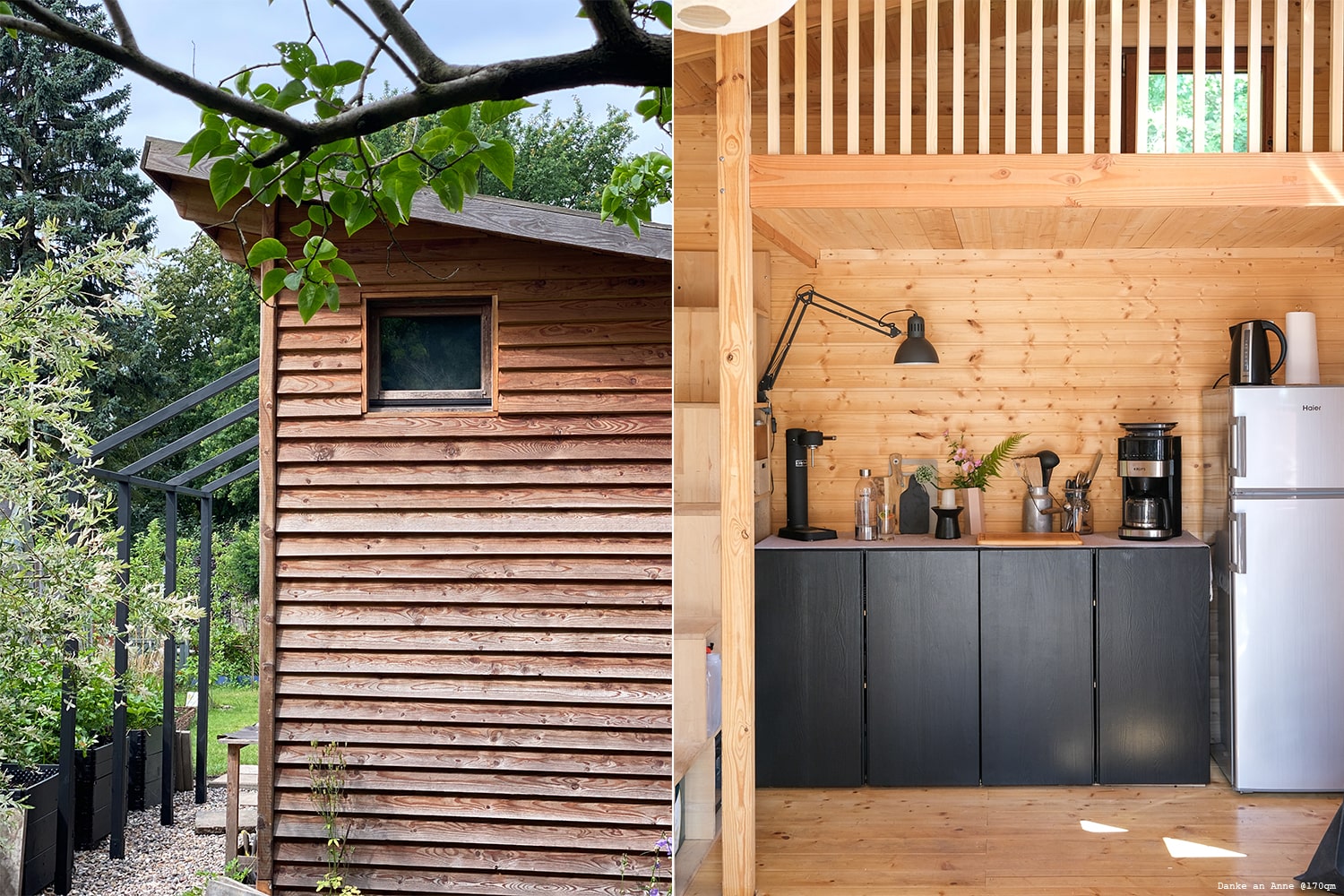 Gartenhaus lackiert mit Holzfarbe in Schwarz.