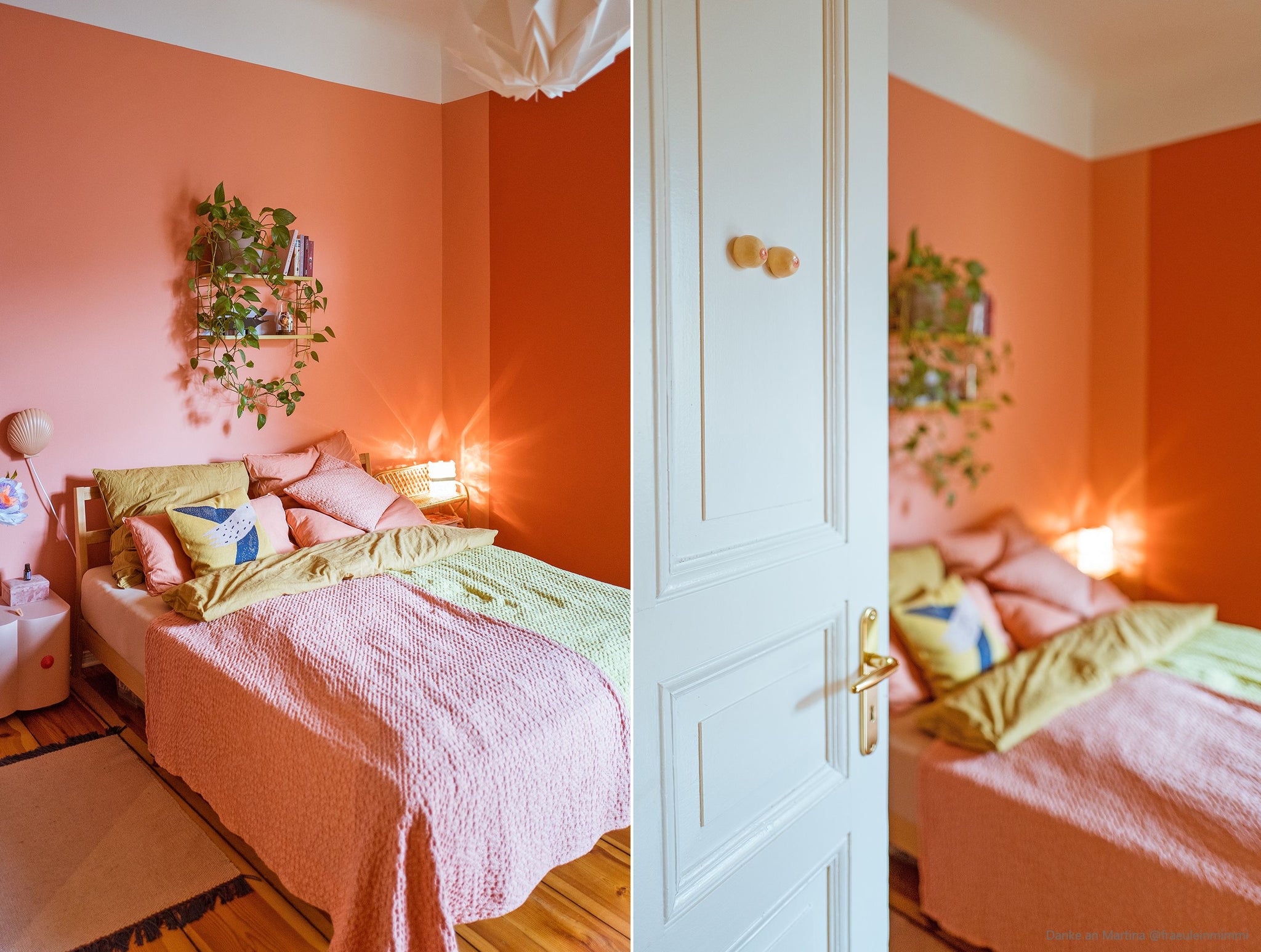 Schlafzimmer mit Wandfarbe in Korallenrot.