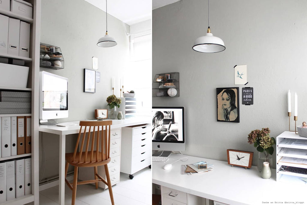 Brittas Arbeitszimmer mit Wandfarbe in Moosgruen mit einem Hauch Grau.