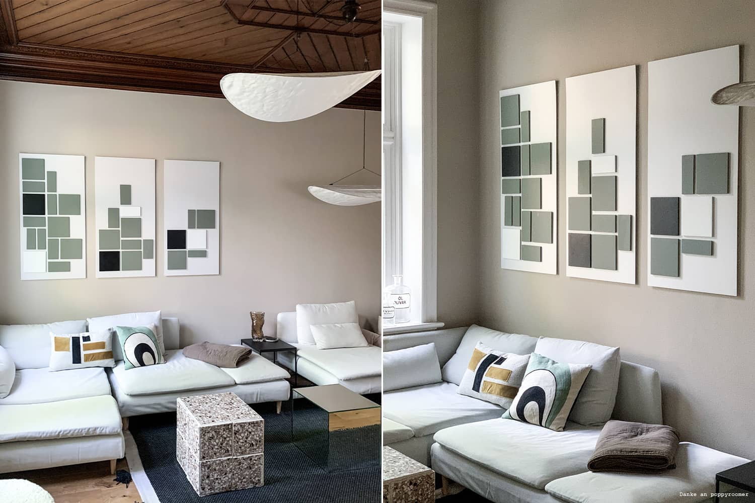 Wandfarbe Greige von Kolorat in Wohnzimmer mit grauer Couch