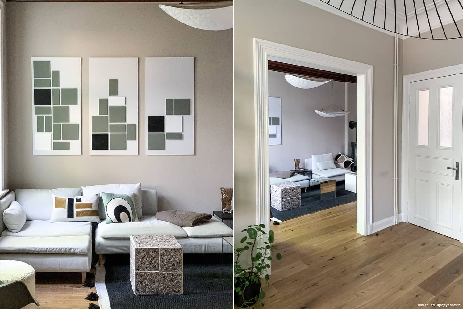 Wandfarbe Greige von Kolorat in Wohnzimmer mit grauer Couch