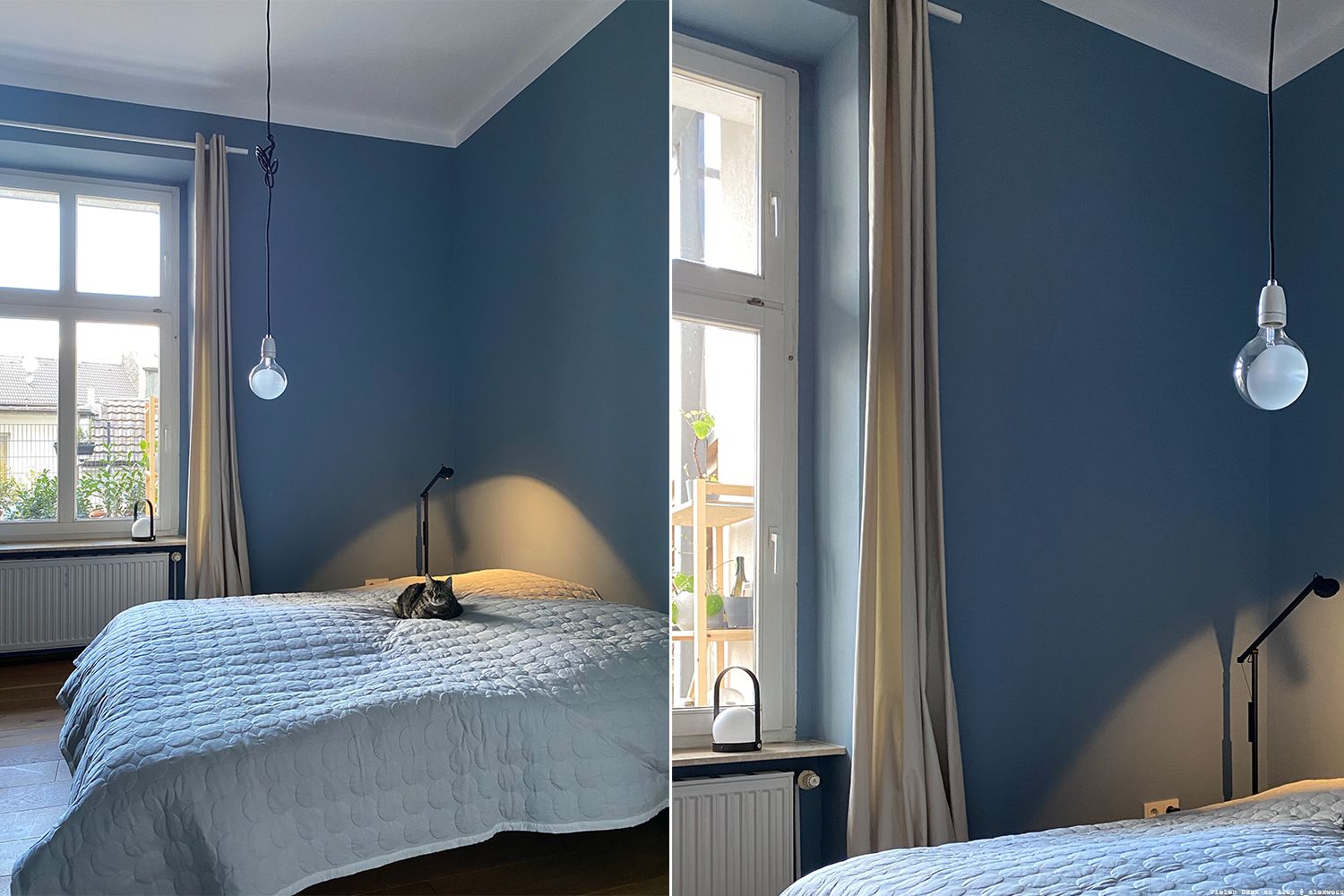 Dunkelblaue Wandfarbe für das Schlafzimmer.