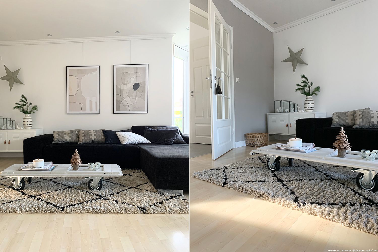Schwarzes Sofa kombiniert zu Wandfarbe in Greige.