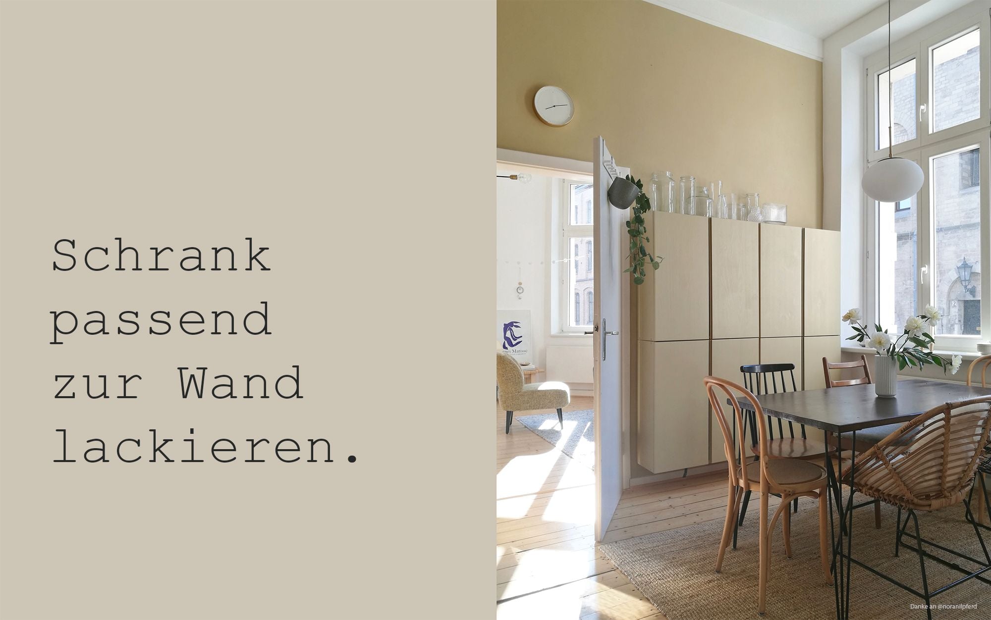 Wandfarbe in warmem Beige in der Kueche.