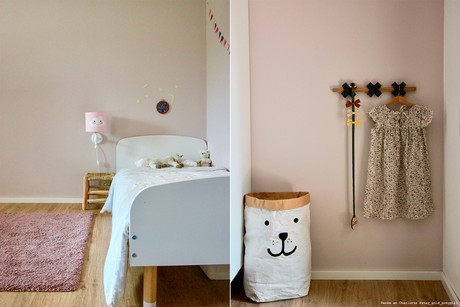 Kinderzimmer mit weißem Bett hinter rosanen Wandfarbe