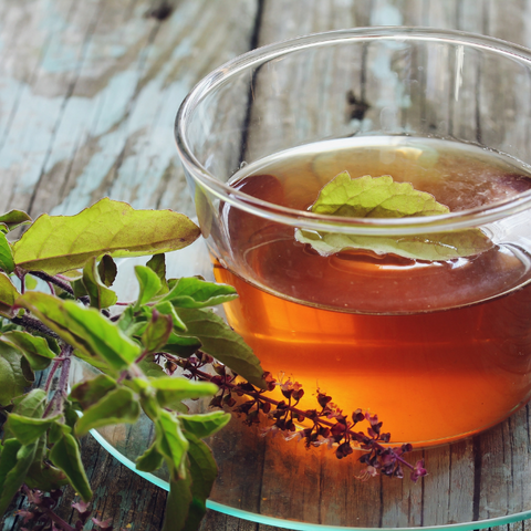 Tulsi tea with raw honeycomb