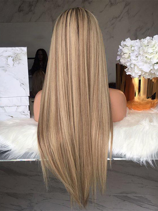 Long Straight Ombre Blonde Highlight Human Lace Front Wigs Full Lace W