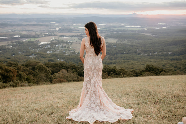 lace bridal gown, rear landscape