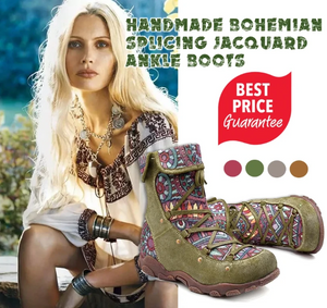 handmade bohemian comfy genuine leather splicing jacquard lace up zipper flat ankle boots